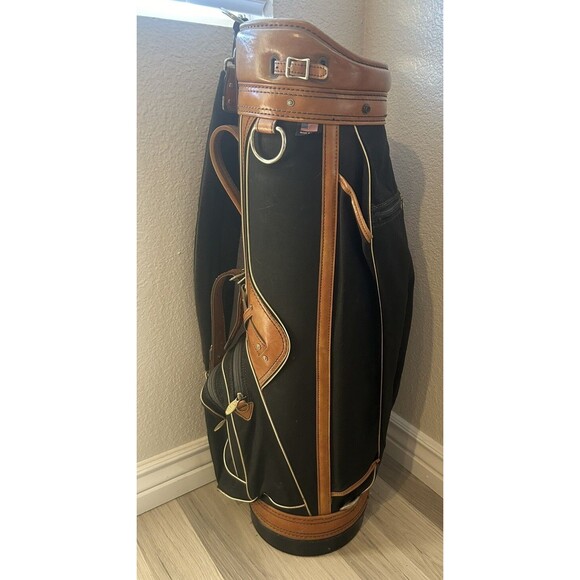 Vintage Burton Golf Bag Leather Canvas Black Tan 6 Way Made In USA - Picture 1 of 9